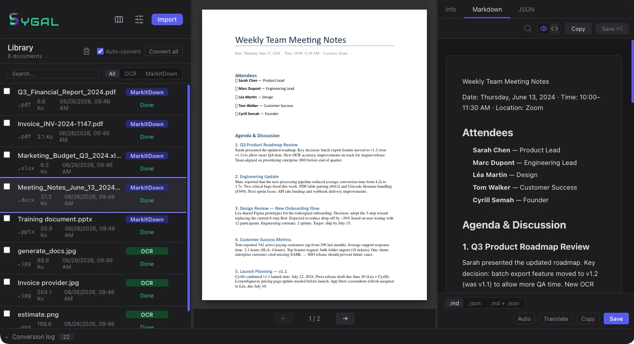 Sygal converting documents to Markdown, with library, preview and editor